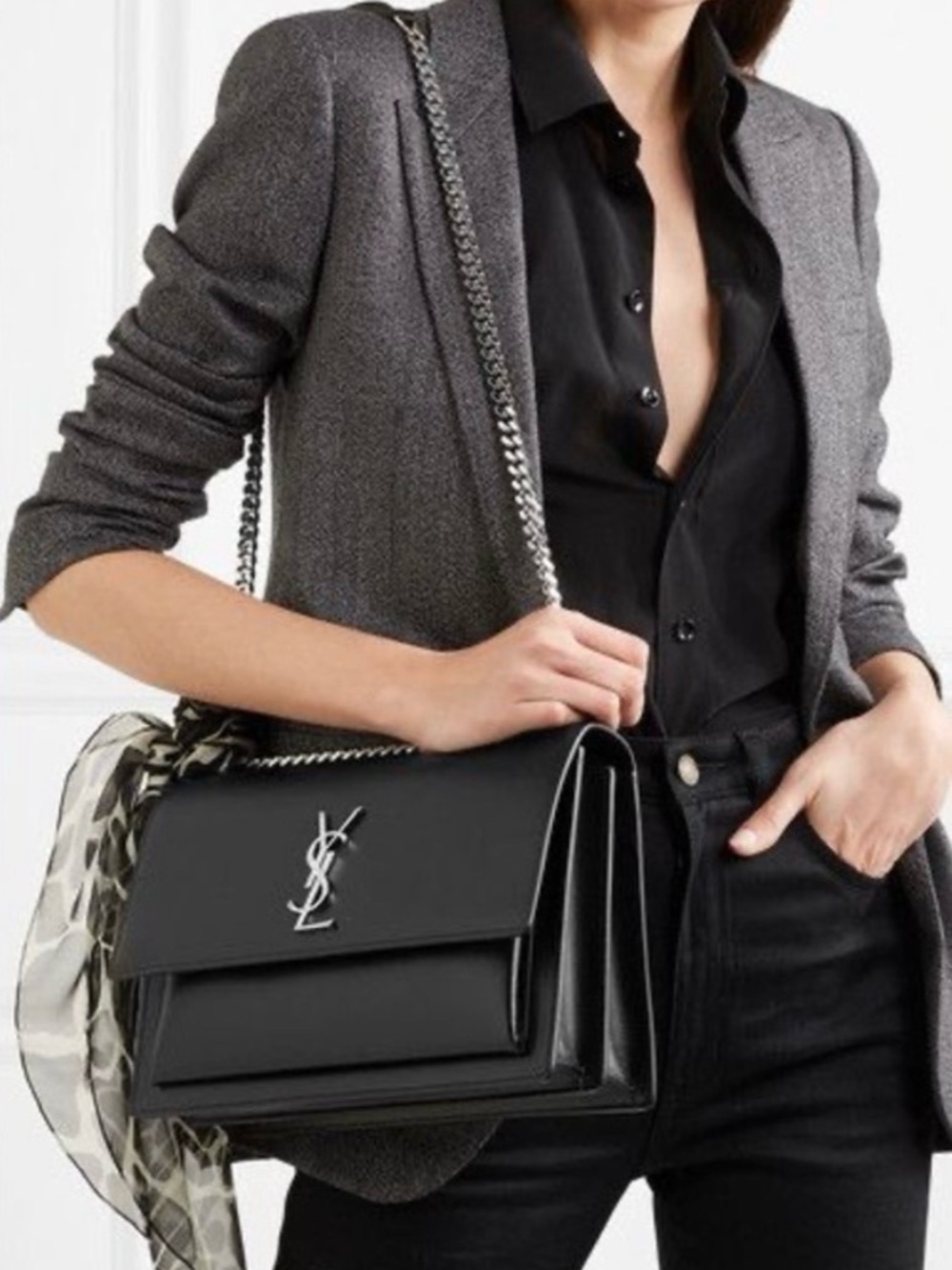 Saint Laurent Black Sunset Large Leather Bag with Silver Hardware